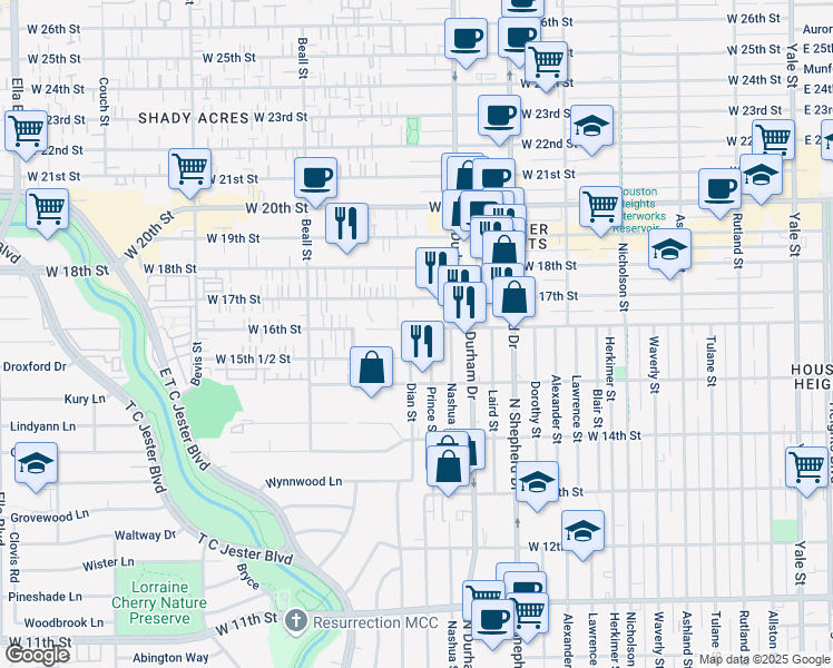 map of restaurants, bars, coffee shops, grocery stores, and more near 1523 Prince Street in Houston