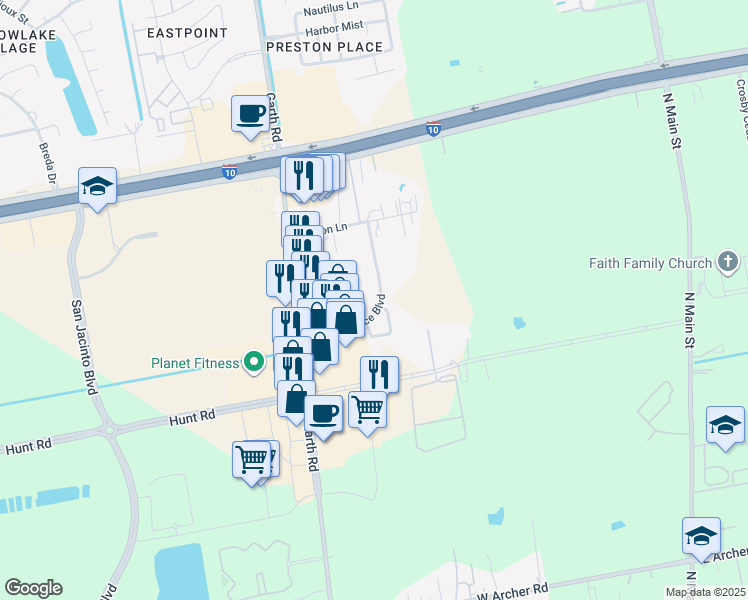 map of restaurants, bars, coffee shops, grocery stores, and more near 6707 Independence Boulevard in Baytown