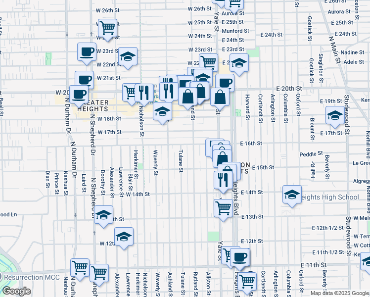 map of restaurants, bars, coffee shops, grocery stores, and more near 1538 Tulane Street in Houston
