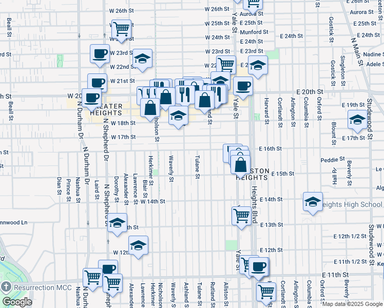 map of restaurants, bars, coffee shops, grocery stores, and more near 1541 Tulane Street in Houston