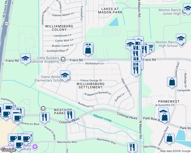 map of restaurants, bars, coffee shops, grocery stores, and more near 22402 Prince George Street in Katy