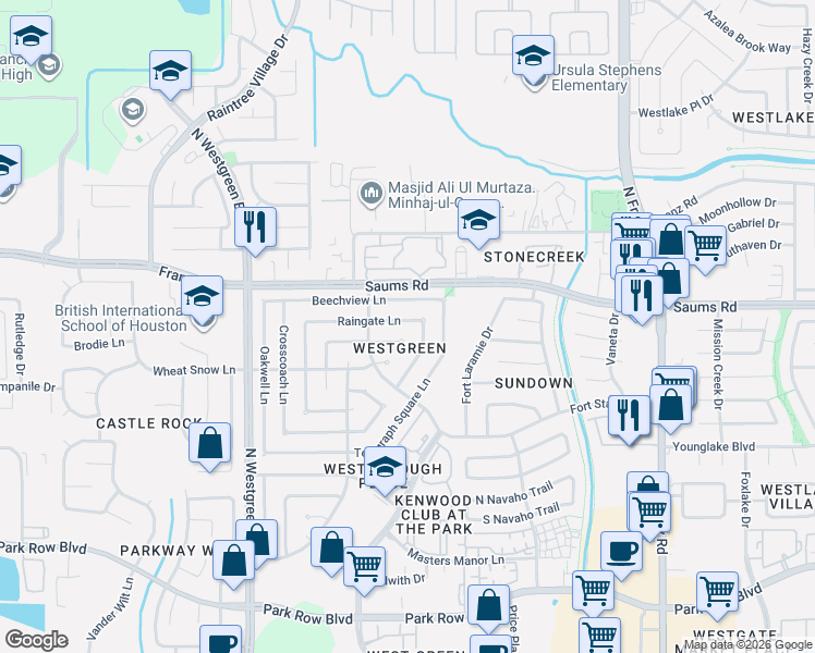 map of restaurants, bars, coffee shops, grocery stores, and more near 20034 Moonflower Lane in Katy