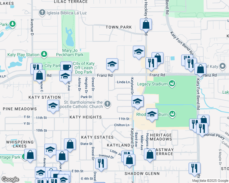 map of restaurants, bars, coffee shops, grocery stores, and more near 1902 Myrna Lane in Katy