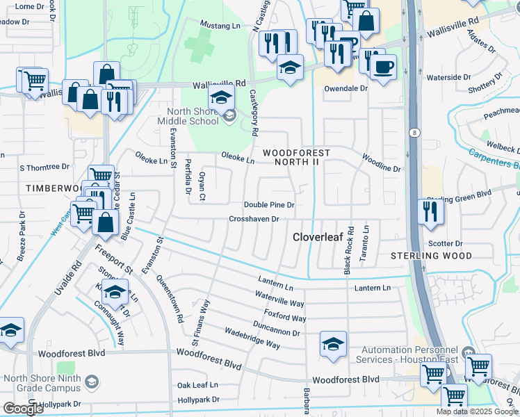 map of restaurants, bars, coffee shops, grocery stores, and more near 203 Castlegory Road in Houston