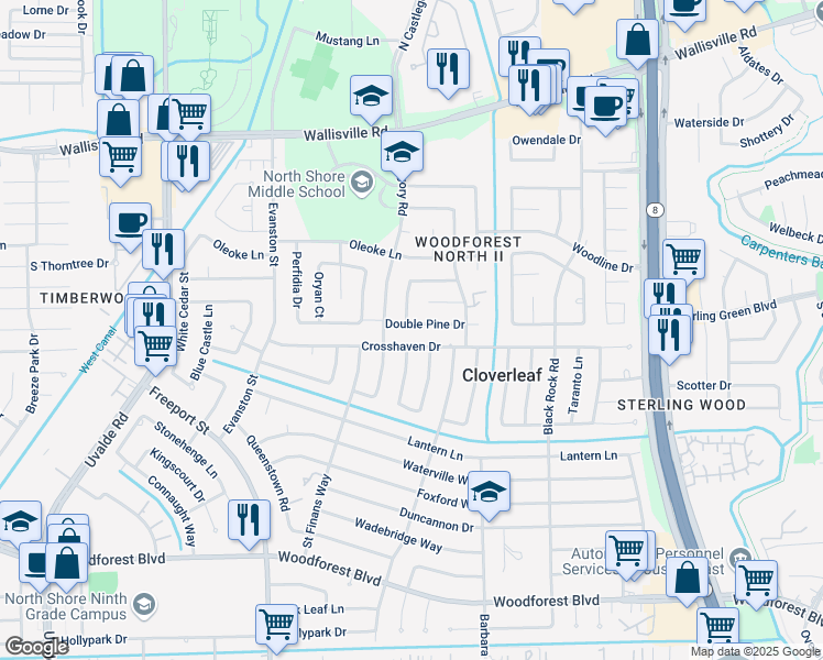 map of restaurants, bars, coffee shops, grocery stores, and more near 203 Castlegory Road in Houston