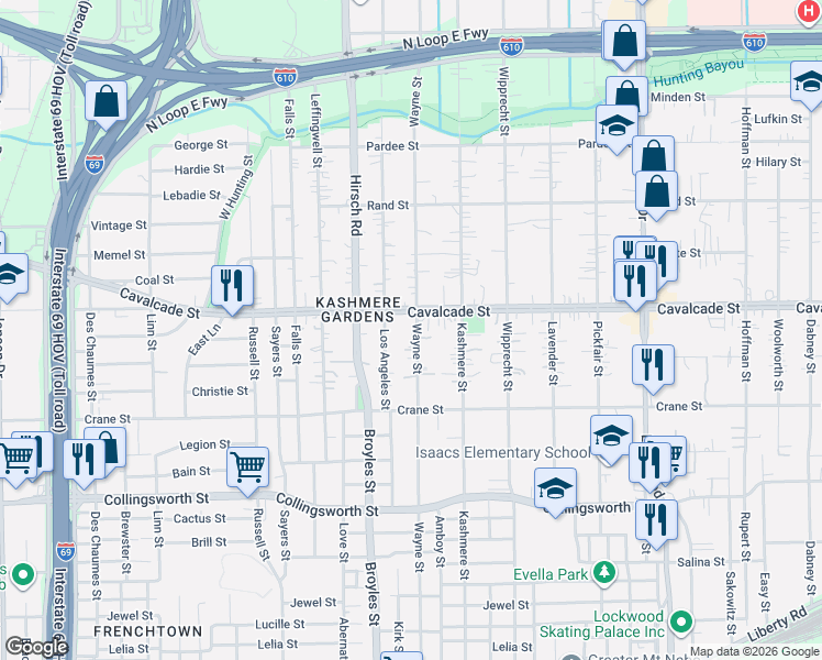 map of restaurants, bars, coffee shops, grocery stores, and more near 4209 Wayne Street in Houston