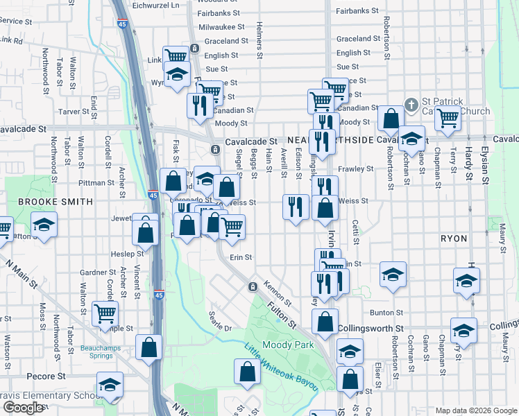 map of restaurants, bars, coffee shops, grocery stores, and more near 4220 Beggs Street in Houston