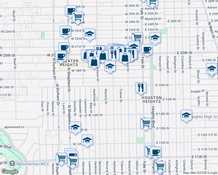 map of restaurants, bars, coffee shops, grocery stores, and more near 1532 Waverly Street in Houston