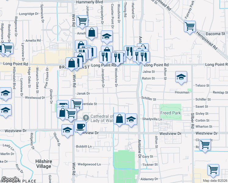 map of restaurants, bars, coffee shops, grocery stores, and more near 7603 Janak Drive in Houston