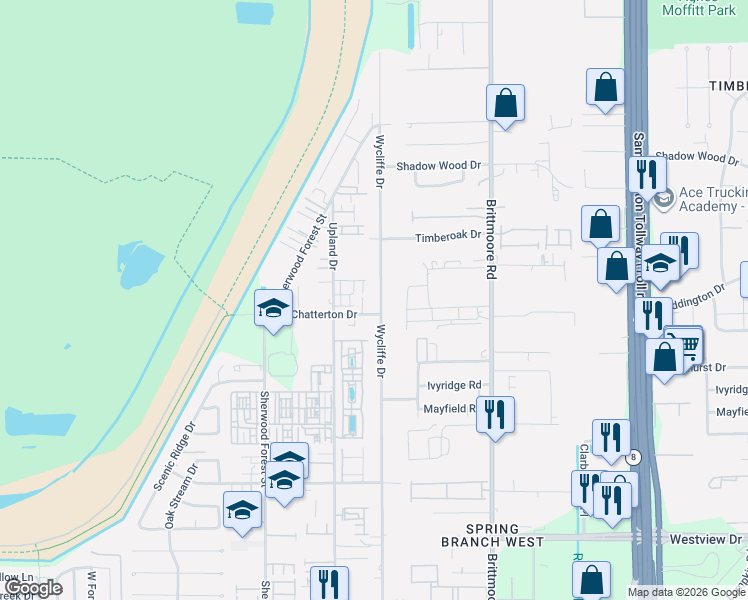 map of restaurants, bars, coffee shops, grocery stores, and more near 11010 Chatterton Drive in Houston