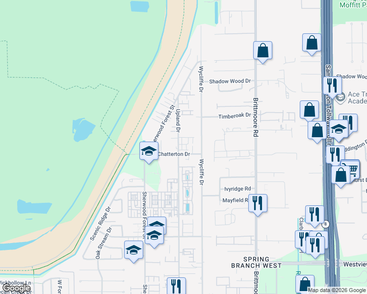 map of restaurants, bars, coffee shops, grocery stores, and more near 11010 Chatterton Drive in Houston