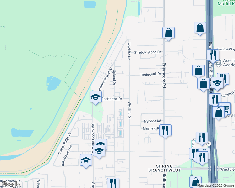 map of restaurants, bars, coffee shops, grocery stores, and more near 11010 Chatterton Drive in Houston
