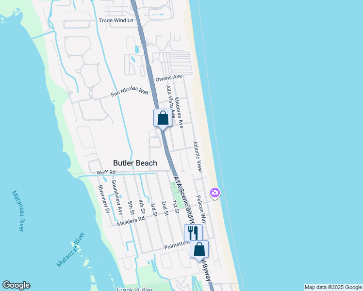 map of restaurants, bars, coffee shops, grocery stores, and more near 5213 Medoras Avenue in St. Augustine