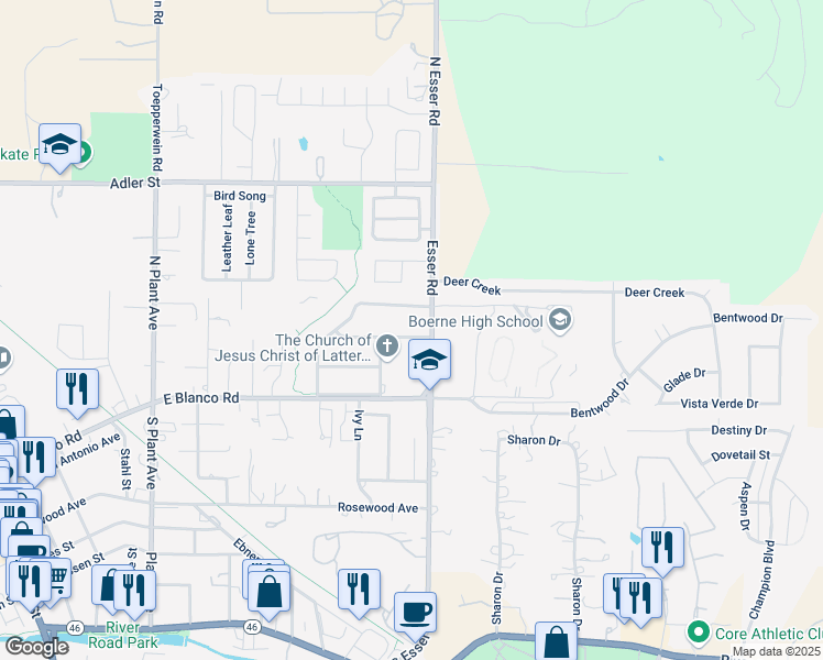 map of restaurants, bars, coffee shops, grocery stores, and more near 218 Fawn Valley Drive in Boerne