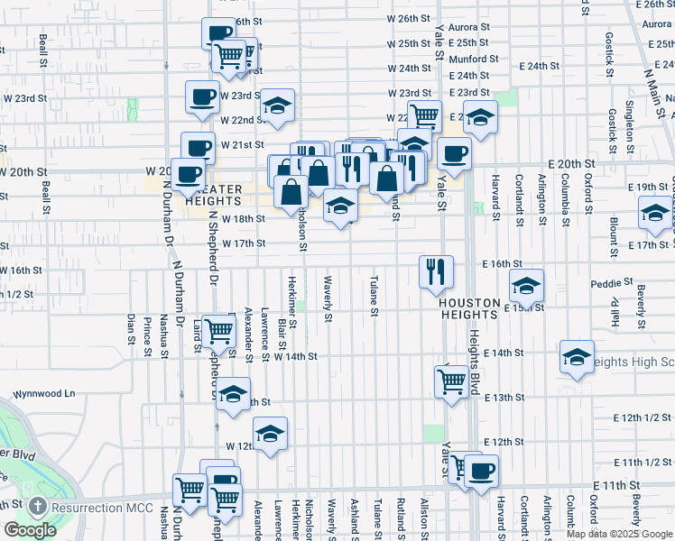 map of restaurants, bars, coffee shops, grocery stores, and more near 1532 Waverly Street in Houston
