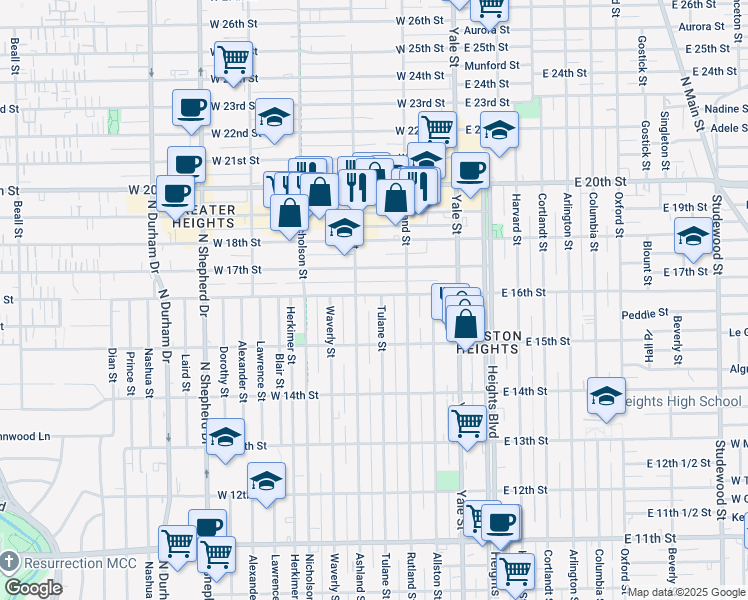 map of restaurants, bars, coffee shops, grocery stores, and more near 1541 Tulane Street in Houston
