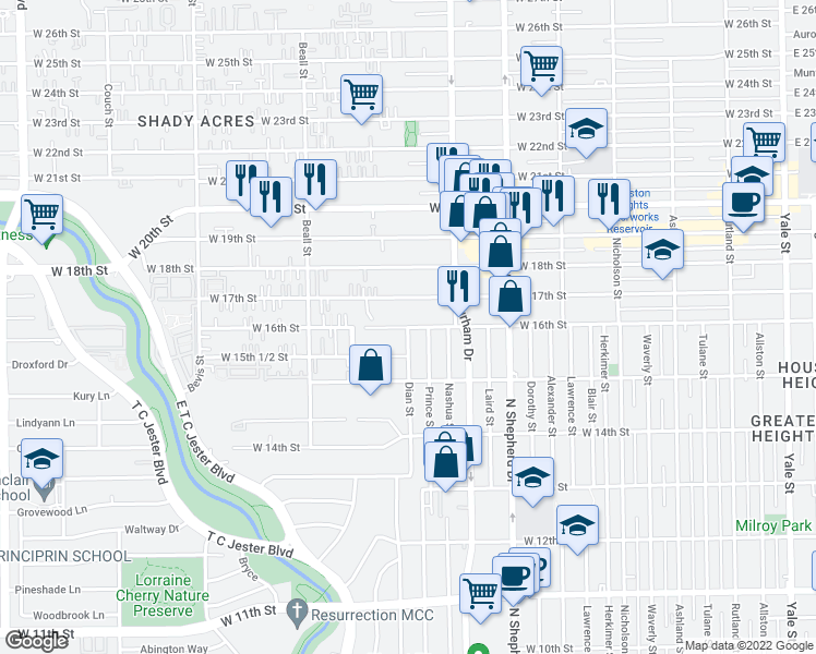 map of restaurants, bars, coffee shops, grocery stores, and more near W 16th St & Dian St in Houston