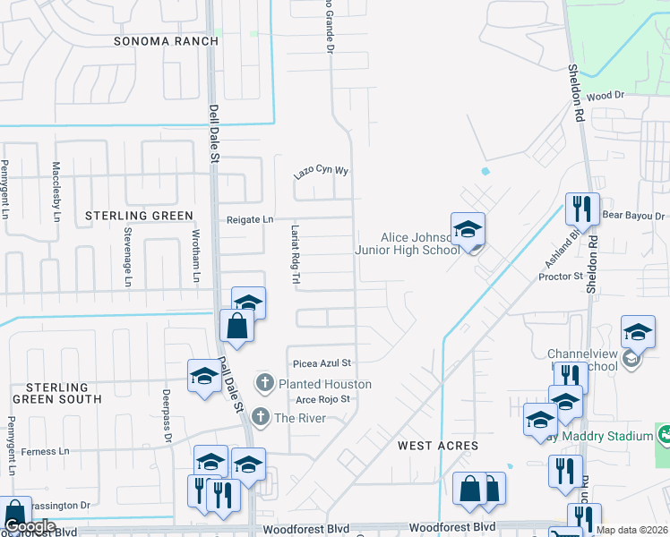 map of restaurants, bars, coffee shops, grocery stores, and more near 15465 Bonita Grulla Way in Channelview