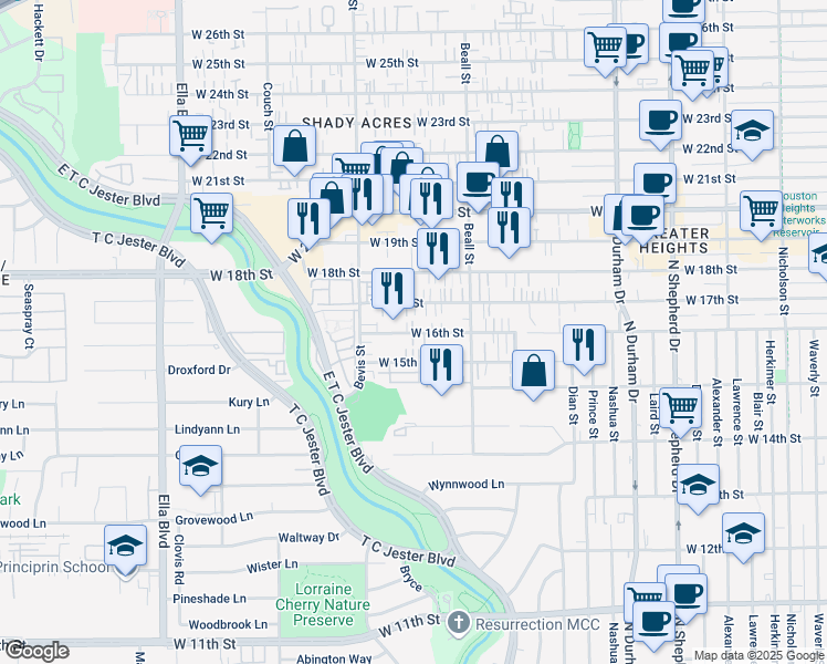 map of restaurants, bars, coffee shops, grocery stores, and more near in Houston