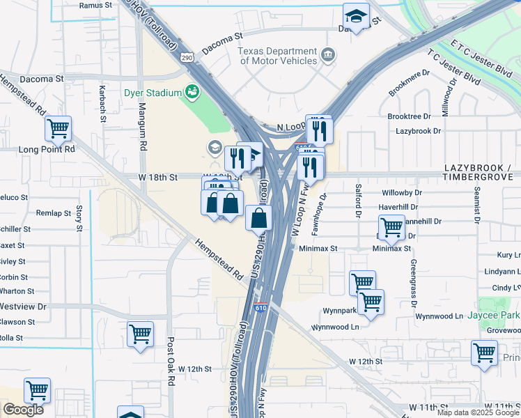 map of restaurants, bars, coffee shops, grocery stores, and more near West Loop South Freeway in Houston