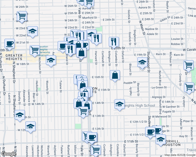 map of restaurants, bars, coffee shops, grocery stores, and more near 1519 Harvard Street in Houston