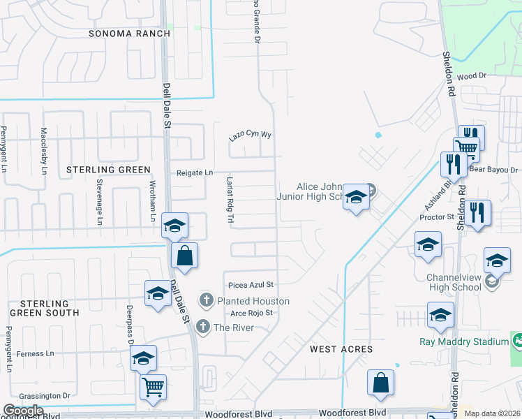 map of restaurants, bars, coffee shops, grocery stores, and more near 15465 Bonita Grulla Way in Channelview