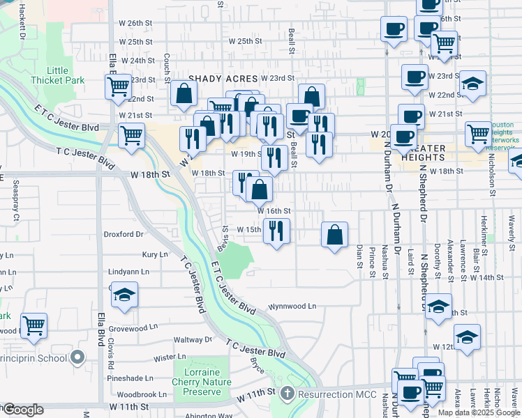map of restaurants, bars, coffee shops, grocery stores, and more near 1201 West 16th Street in Houston