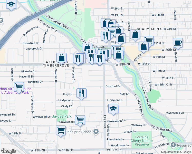 map of restaurants, bars, coffee shops, grocery stores, and more near 1726 Willowby Drive in Houston