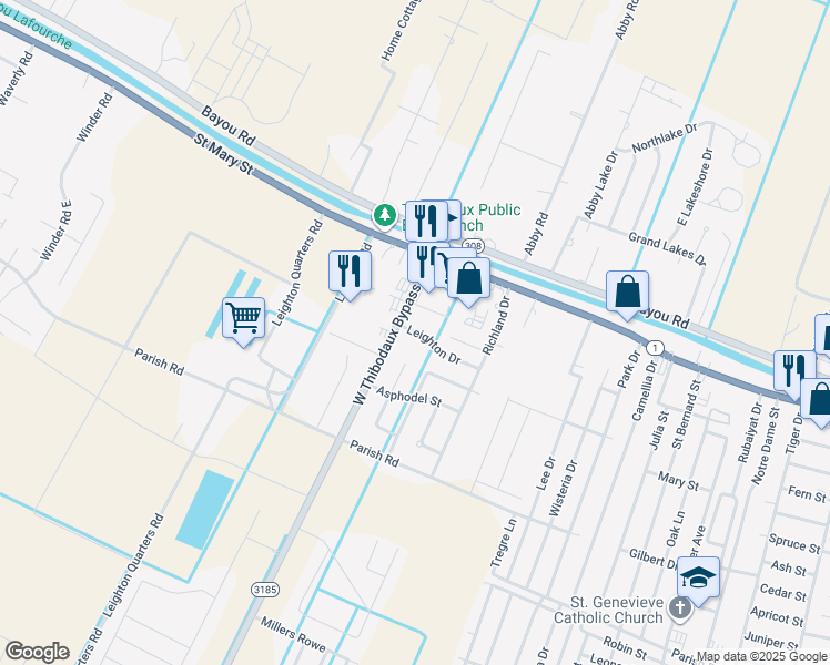map of restaurants, bars, coffee shops, grocery stores, and more near 119 Leighton Drive in Thibodaux
