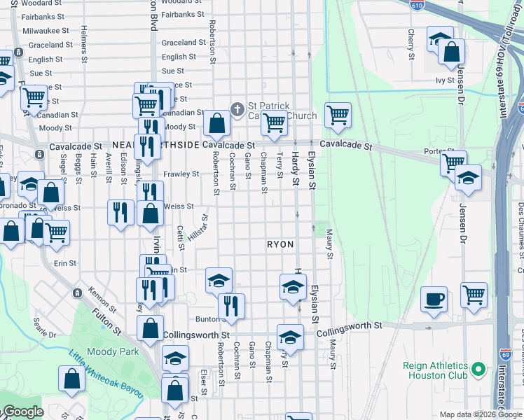 map of restaurants, bars, coffee shops, grocery stores, and more near 4410 Gano Street in Houston