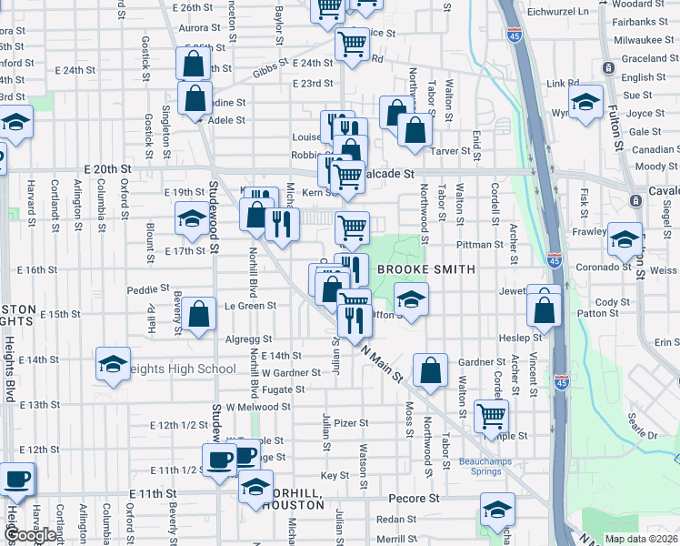 map of restaurants, bars, coffee shops, grocery stores, and more near 1613 Airline Drive in Houston
