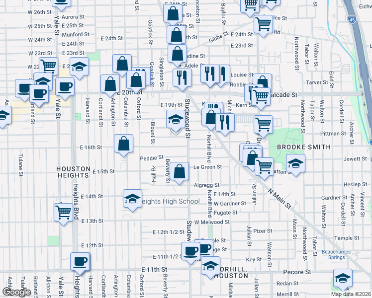 map of restaurants, bars, coffee shops, grocery stores, and more near 1139 Walling Street in Houston