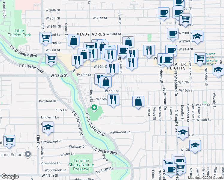 map of restaurants, bars, coffee shops, grocery stores, and more near 1138 West 17th Street in Houston