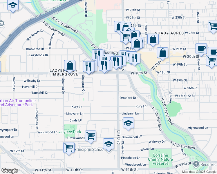 map of restaurants, bars, coffee shops, grocery stores, and more near 1726 Willowby Drive in Houston