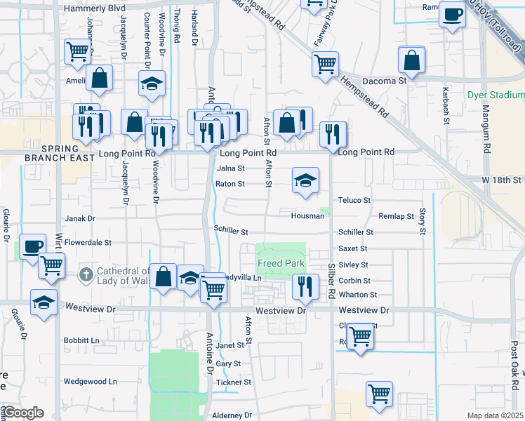 map of restaurants, bars, coffee shops, grocery stores, and more near 7102 Dearborn Street in Houston