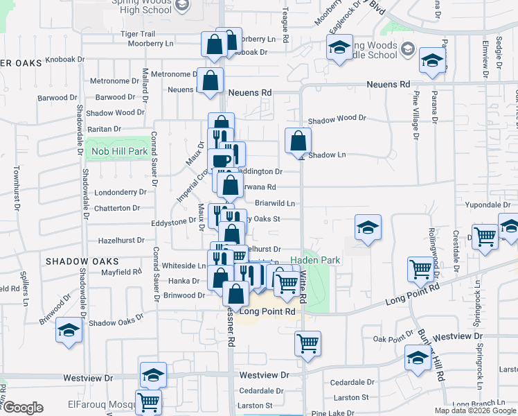 map of restaurants, bars, coffee shops, grocery stores, and more near 10039 Warwana Road in Houston