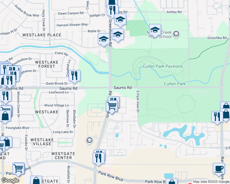 map of restaurants, bars, coffee shops, grocery stores, and more near 2500 Greenhouse Road in Houston