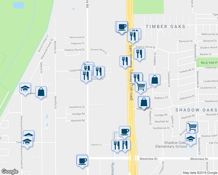 map of restaurants, bars, coffee shops, grocery stores, and more near 10803 Warwana Road in Houston