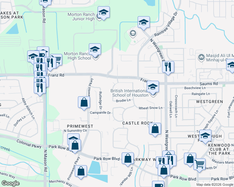 map of restaurants, bars, coffee shops, grocery stores, and more near 20927 Dover Mist Lane in Katy