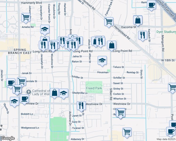 map of restaurants, bars, coffee shops, grocery stores, and more near 7102 Dearborn Street in Houston