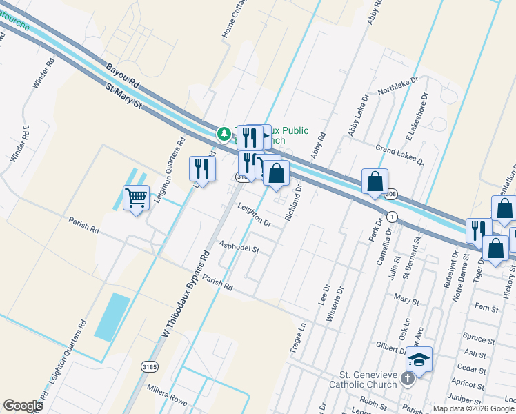 map of restaurants, bars, coffee shops, grocery stores, and more near 139 Leighton Drive in Thibodaux