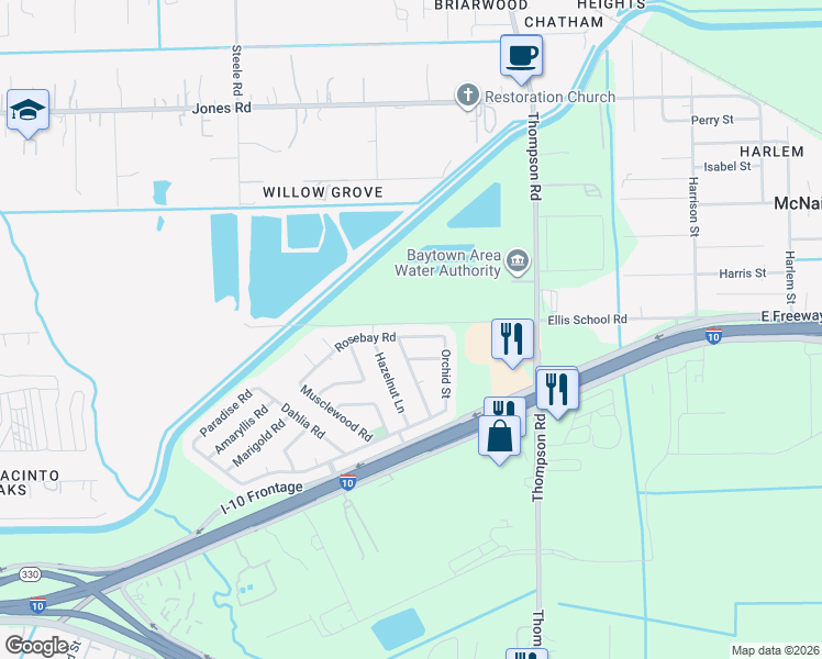 map of restaurants, bars, coffee shops, grocery stores, and more near 1431 Rosebay Road in Baytown