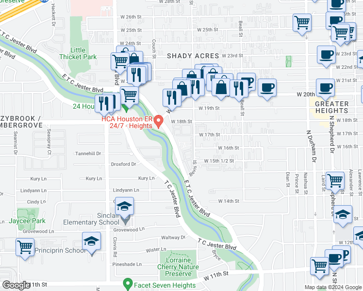 map of restaurants, bars, coffee shops, grocery stores, and more near 1770 T C Jester Boulevard in Houston