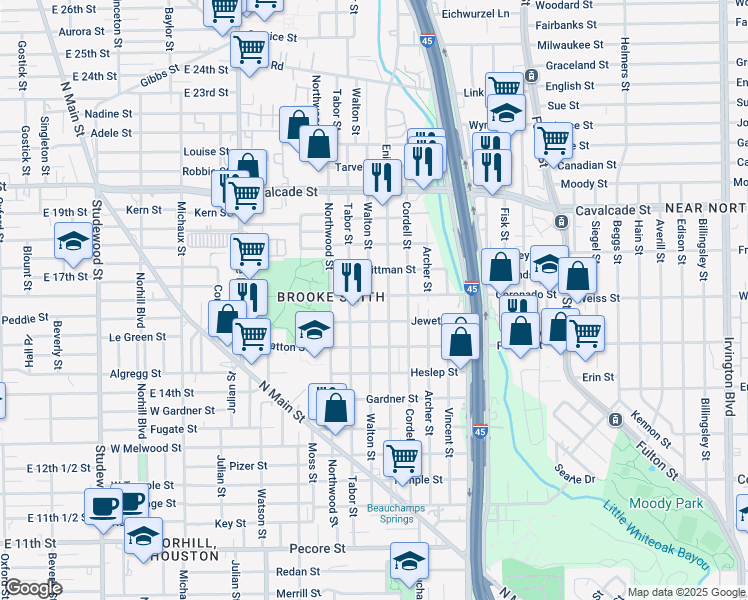 map of restaurants, bars, coffee shops, grocery stores, and more near 924 Walton Street in Houston
