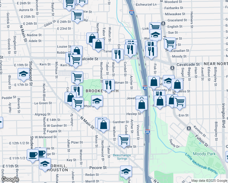 map of restaurants, bars, coffee shops, grocery stores, and more near 922 Walton Street in Houston