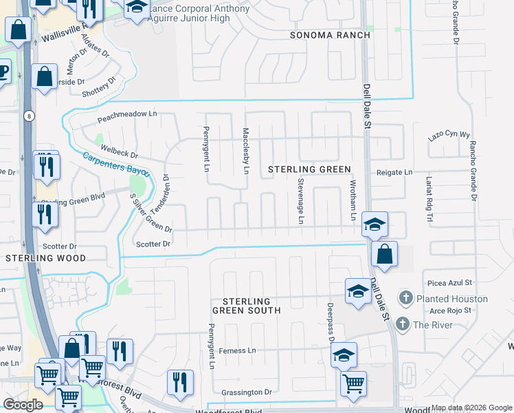 map of restaurants, bars, coffee shops, grocery stores, and more near 15058 Rockington Lane in Channelview