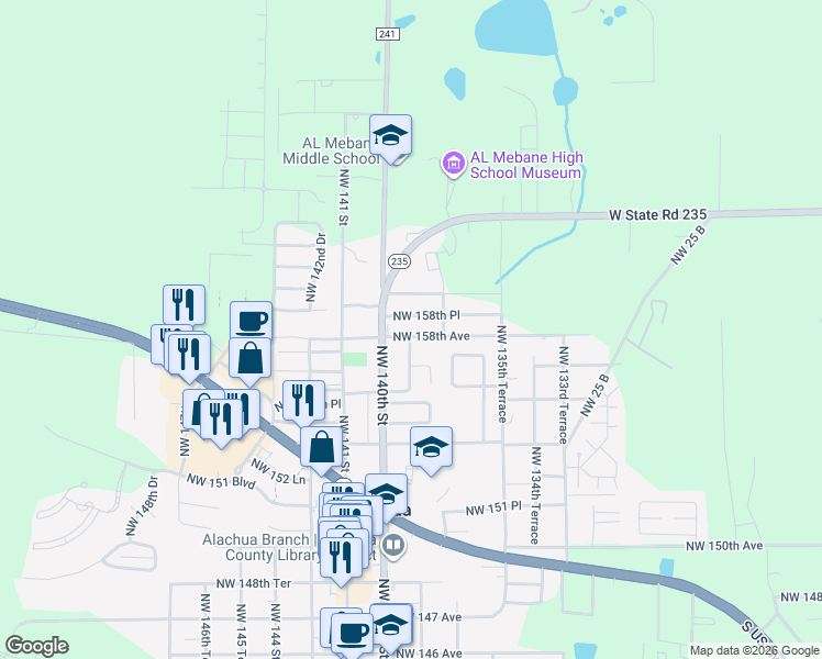 map of restaurants, bars, coffee shops, grocery stores, and more near 13808 Northwest 158th Avenue in Alachua
