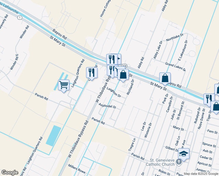 map of restaurants, bars, coffee shops, grocery stores, and more near 119 Leighton Drive in Thibodaux