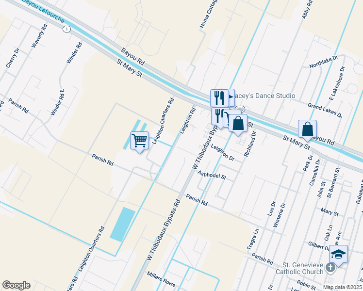 map of restaurants, bars, coffee shops, grocery stores, and more near 101-137 Leighton Road in Thibodaux