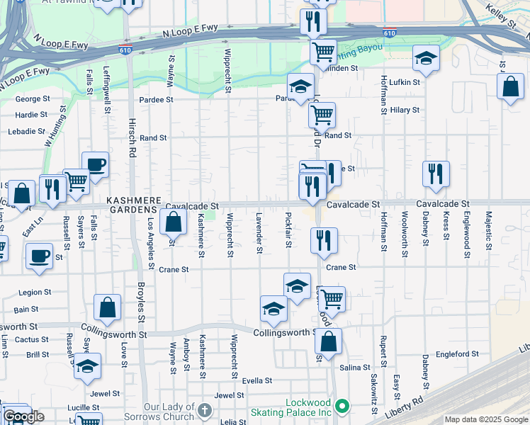map of restaurants, bars, coffee shops, grocery stores, and more near 5007 Cavalcade Street in Houston